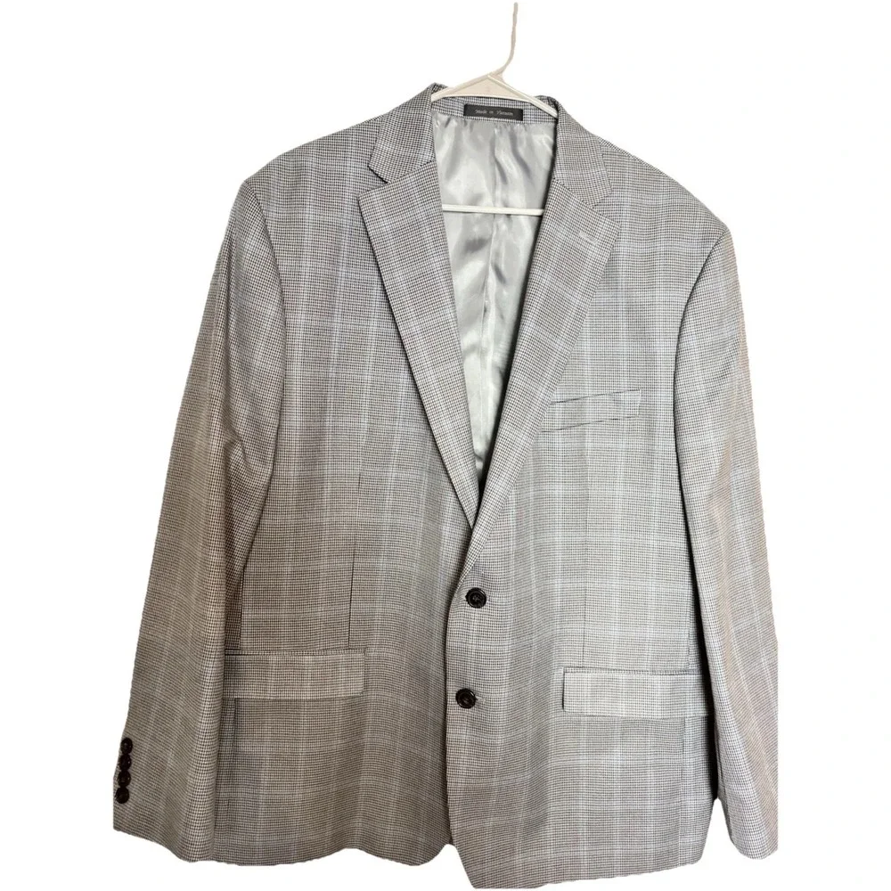 Chaps Men's 46R Windowpane Sport‎ Coat Blazer Jacket Gray Blue Business Classic